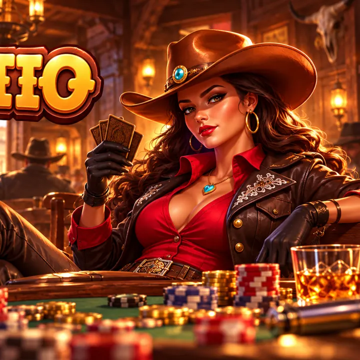 Krupierka w stroju kowbojki przy pokerowym stole w saloonie ze stosami żetonów